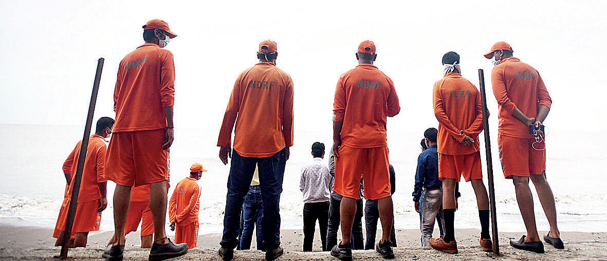 The NDRF team in a state of readiness at Dahanu beach in Palghar