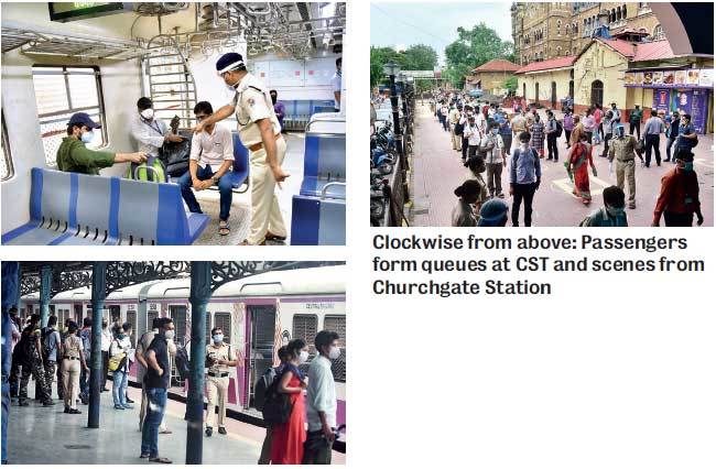 Clockwise from above: Passengers form queues at CST and scenes from Churchgate Station