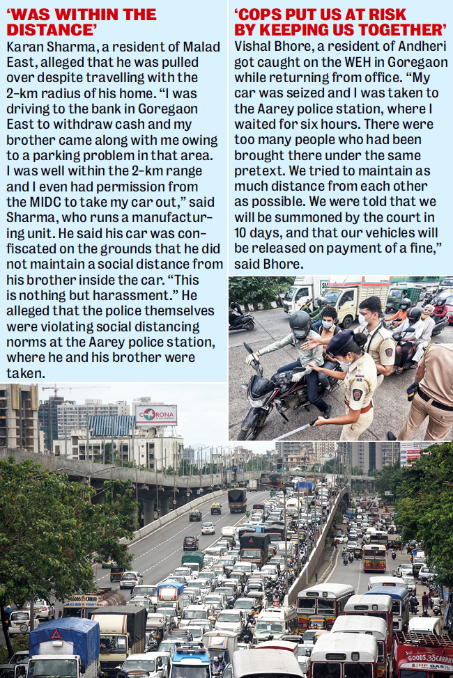 (Above) Traffic jams extending for 2 km were seen for hours on the Western Express Highway; (inset) The Mumbai police seized 7,680 vehicles and the traffic police another 8,611