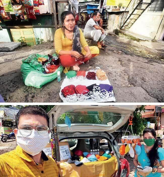 The young Hadapsar-based singer-dancer Powar couple sells masks from their car, often fleeing police crackdowns , (Below) Manju, 27, a contemporary dancer, feels unsafe on the road selling masks, but has no option