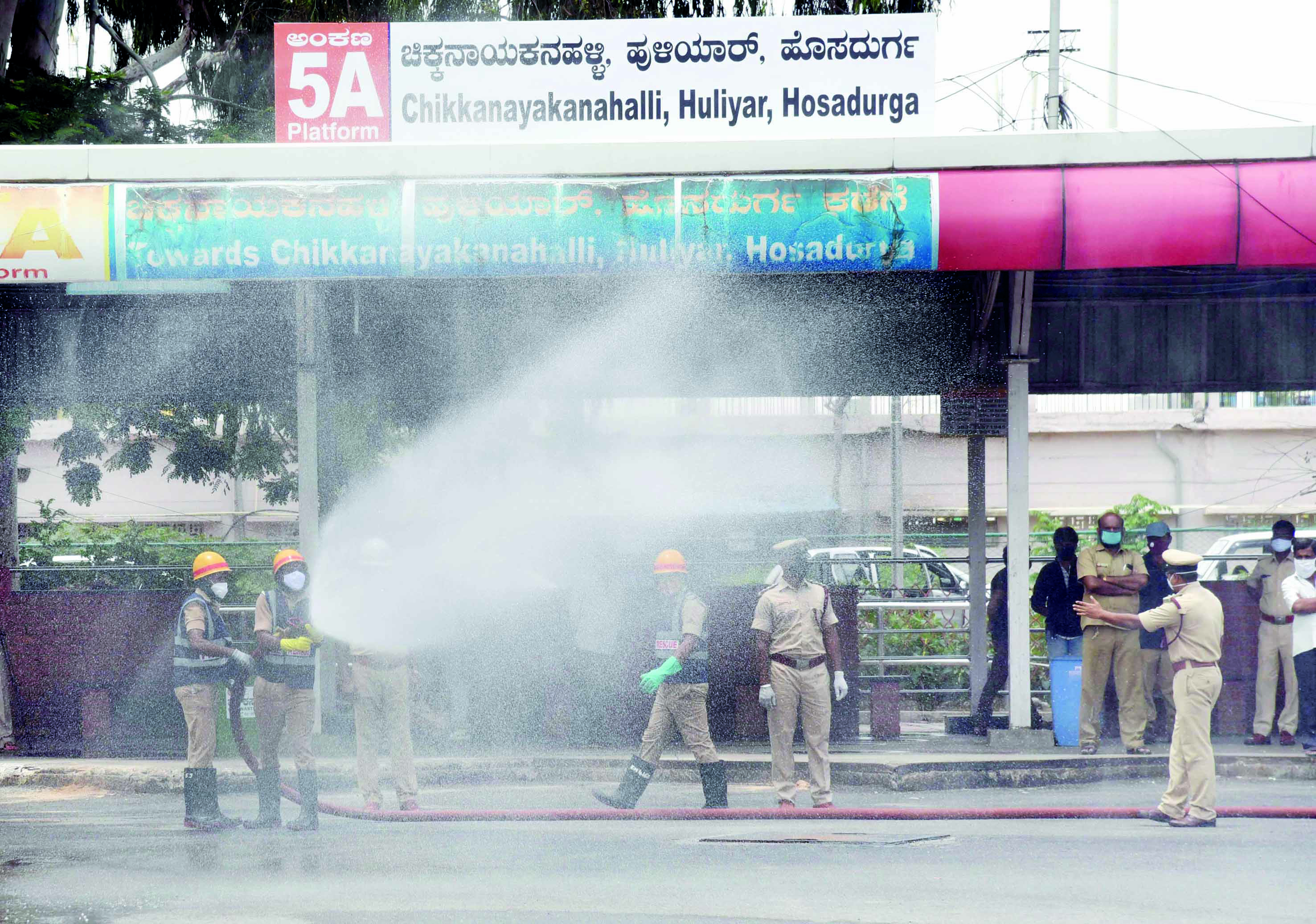 Fire personnel carried out a massive disinfecting drive at Majestic bus stand on Sunday