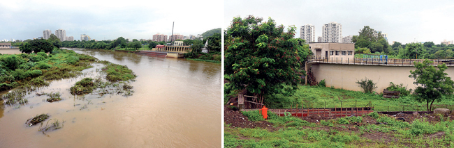 (Top left) The group of students of Rayat Vidyarthi Parishad discuss issues at the sewage treatment plant (above right) in Pimple Nilakh that discharges waste in the Mula-Mutha (above left), polluting the river