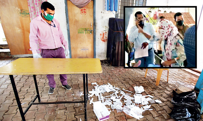 PMC officials claimed that some 50 swab samples were damaged in the showdown between the accused couple and the healthcare workers (above); a video grab of the woman (inset, in scarf) arguing with the staff; PIC: MAHENDRA KOLHE