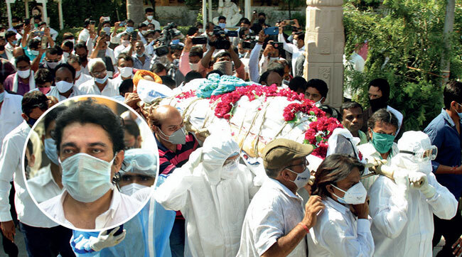 Veteran actor Naresh Kanodia’s last rites were performed at the crematorium in Sector-30, Gandhinagar; son Hitu Kanodia (inset)