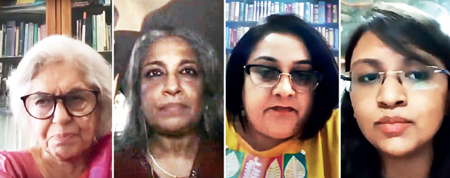 Grabs from the webinar; it was organised by (from left) Indira Jaising, Nitya Ramakrishnan, Miriam Fozia and Abhisree Saujanya