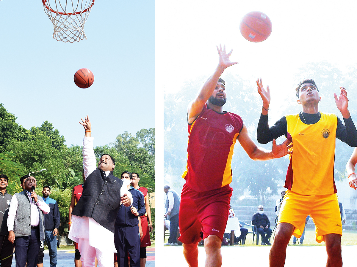 (L) Arvind Singh Gope (R) Boys playing basketball (BCCL/ Farhan Ahmad Siddiqui)