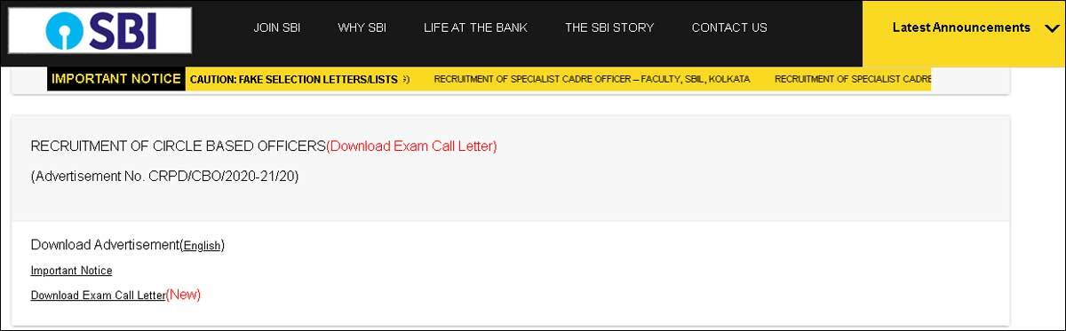SBI CBO 2020 Admit Card released
