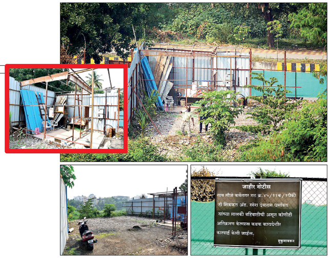 The activity taking place along the riverbed at Raja Mantri (DP) Road had green covers on the front portion and tin sheds shielding the back area, making it difficult to see what was going on; PMC slapped notices on the landowners on Monday (below, R)