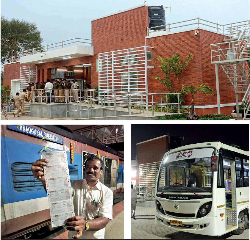 (Clockwise from top) The newly inaugurated KIA Halt Station; shuttle bus service that connects the airport campus to the station; Ananda Murthy, who purchased the first set of train tickets to commute