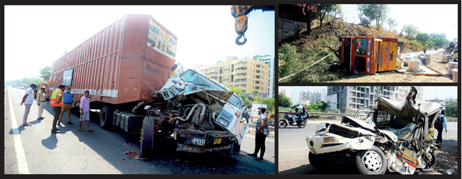 The 2 deaths took place when the driver and his brother were trapped in the driver’s cabin; another truck fell onto the service road (R, top), while in another mishap, a police car was totalled along the route (R, bottom)