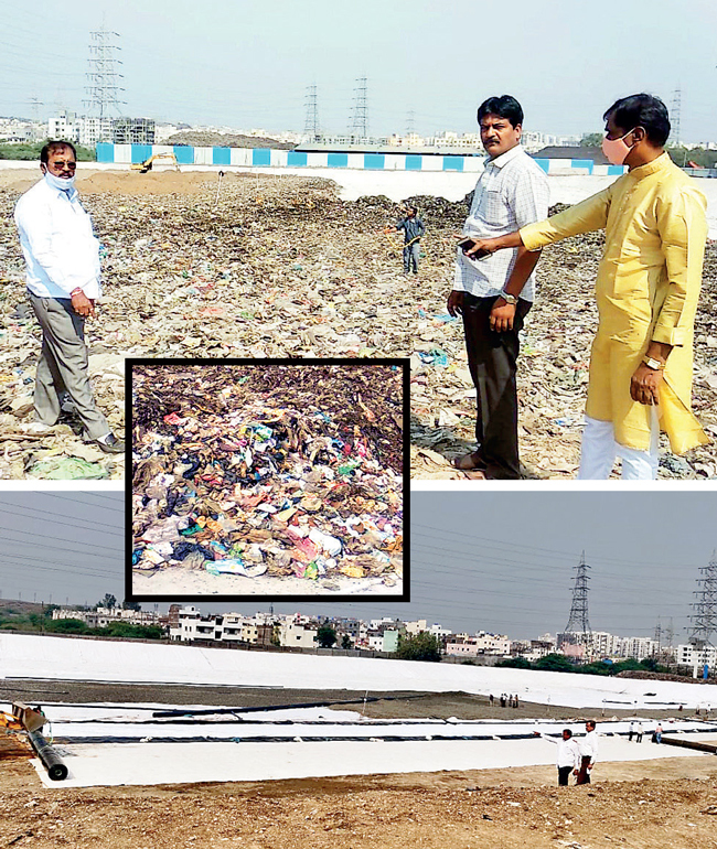 The garbage landfill site at Uruli Devachi and Phursungi (above, R) is a Rs 18 crore project of PMC, but Kachra Depot Hatav Sangharsh Samiti members (above, L) claim it is being filled with wet and unsegregated waste (inset) instead of pure inert waste, as is scientifically correct
