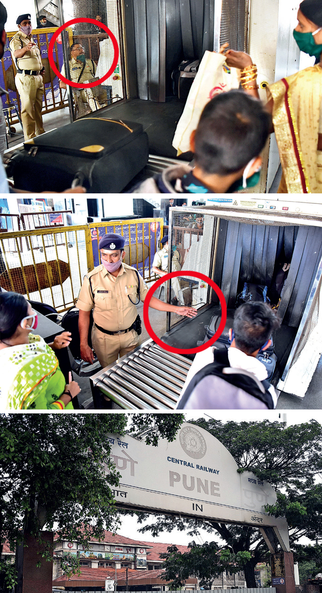 Travellers pointed out that security personnel handle hundreds of bags every day and are at great risk of virus transmission themselves, besides spreading it to that many more people passing via Pune railway station; PIC: RAHUL DESHMUKH