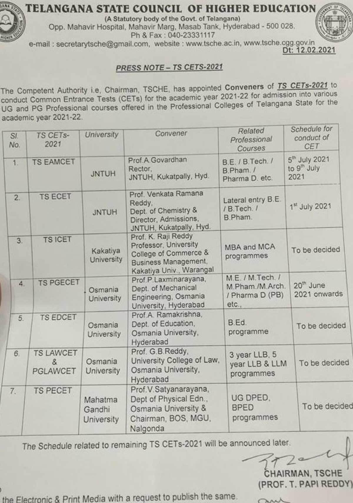 Telangana CETs schedule released