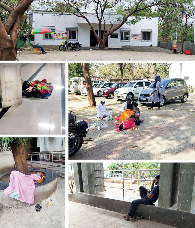 The space built as a rest house (top) instead houses a private canteen and Shiv Bhojan Thali facility; meanwhile, families of patients sleep on cold floors (L and below) and spend their time outside, irrespective of the weather