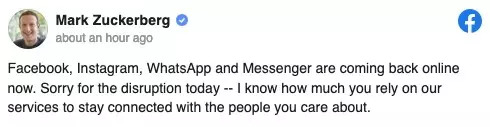 Screenshot of Facebook Chief Executive Mark Zuckerberg&#39;s post on Facebook after a nearly six-hour outage on  Facebook, Instagram and WhatsApp