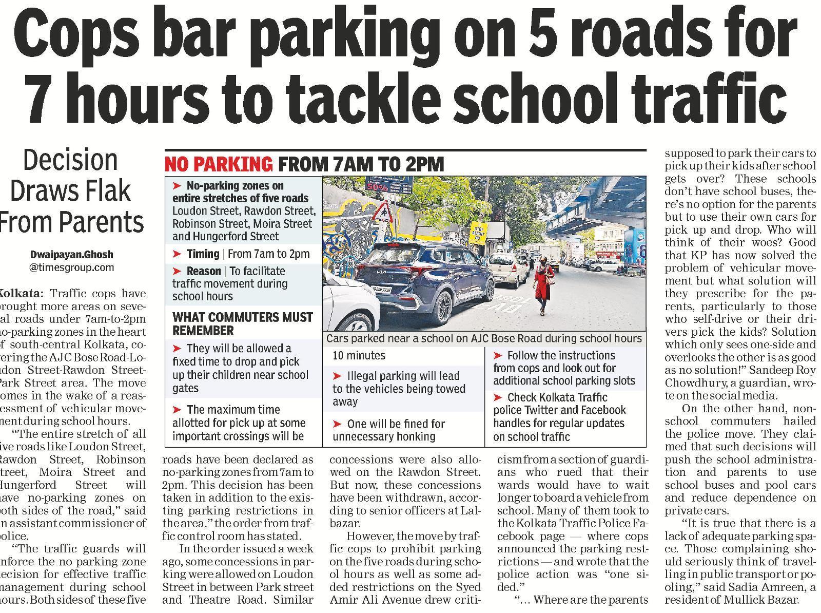 Day 1: Parking ban on 5 city roads eases traffic during school hours