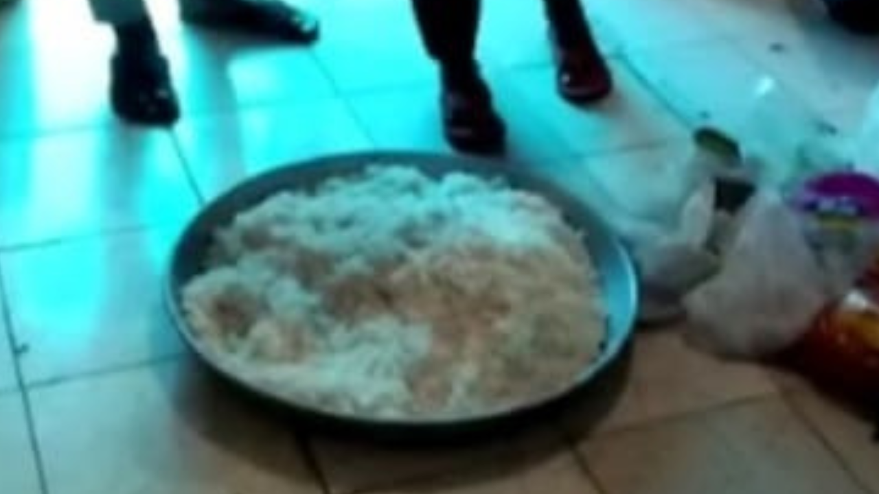 Rice plate on toilet floor