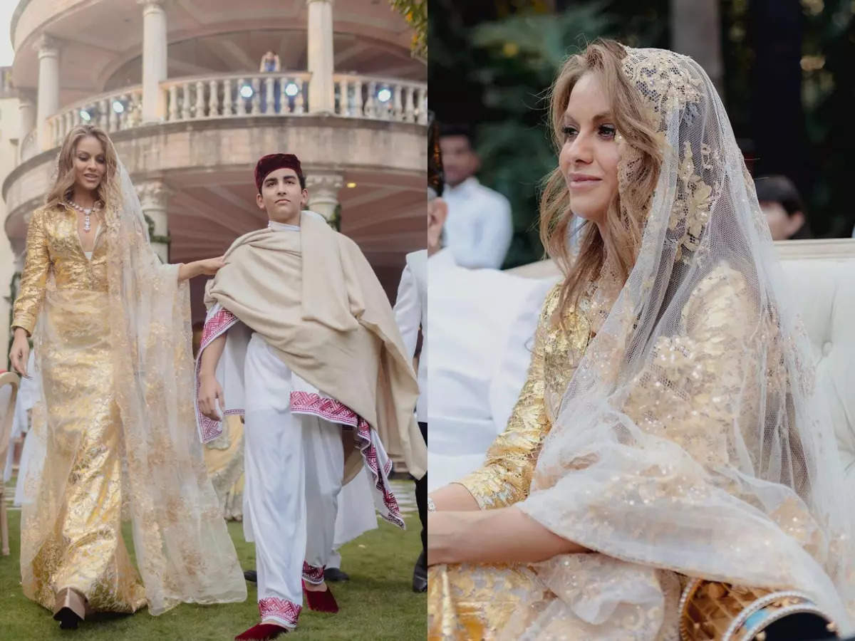 Natasha Poonawalla stuns in a gold foil sari for her kids Navjote ceremony