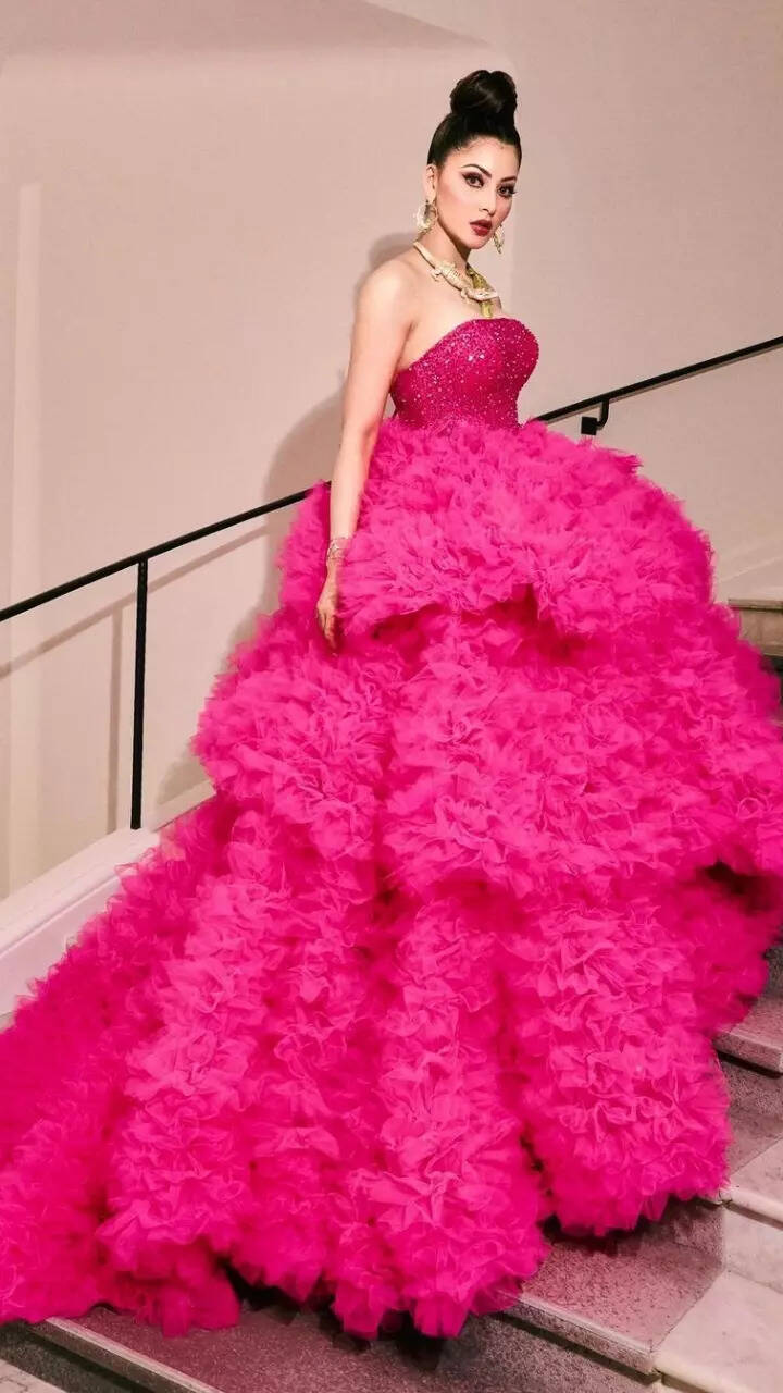 ​Urvashi Rautela looks pretty in pink at Cannes but her alligator necklace steals the show