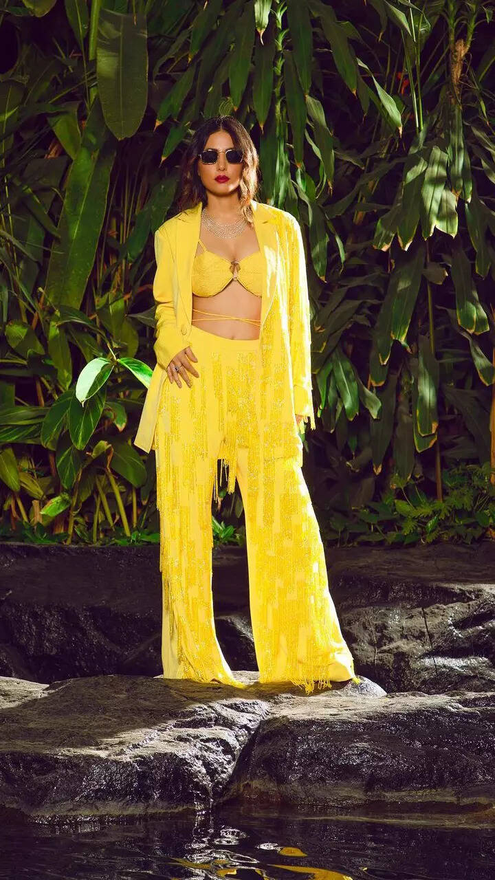 ​Hina Khan looks summer ready in a yellow pantsuit and bralette