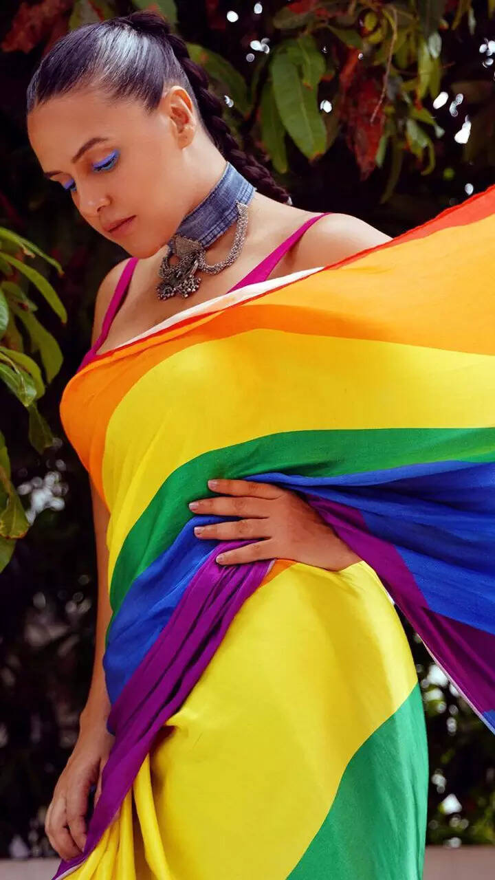 These pictures of Neha Dhupia in a colourful saree are an ode to the Pride month