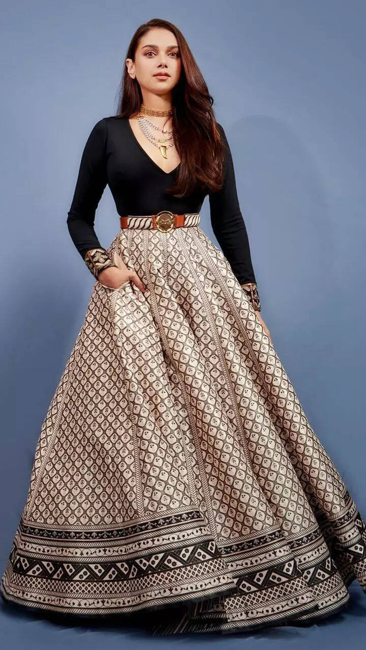 ​Aditi Rao Hydari exudes royalty and elegance in a black gown with flowy monochrome skirt​