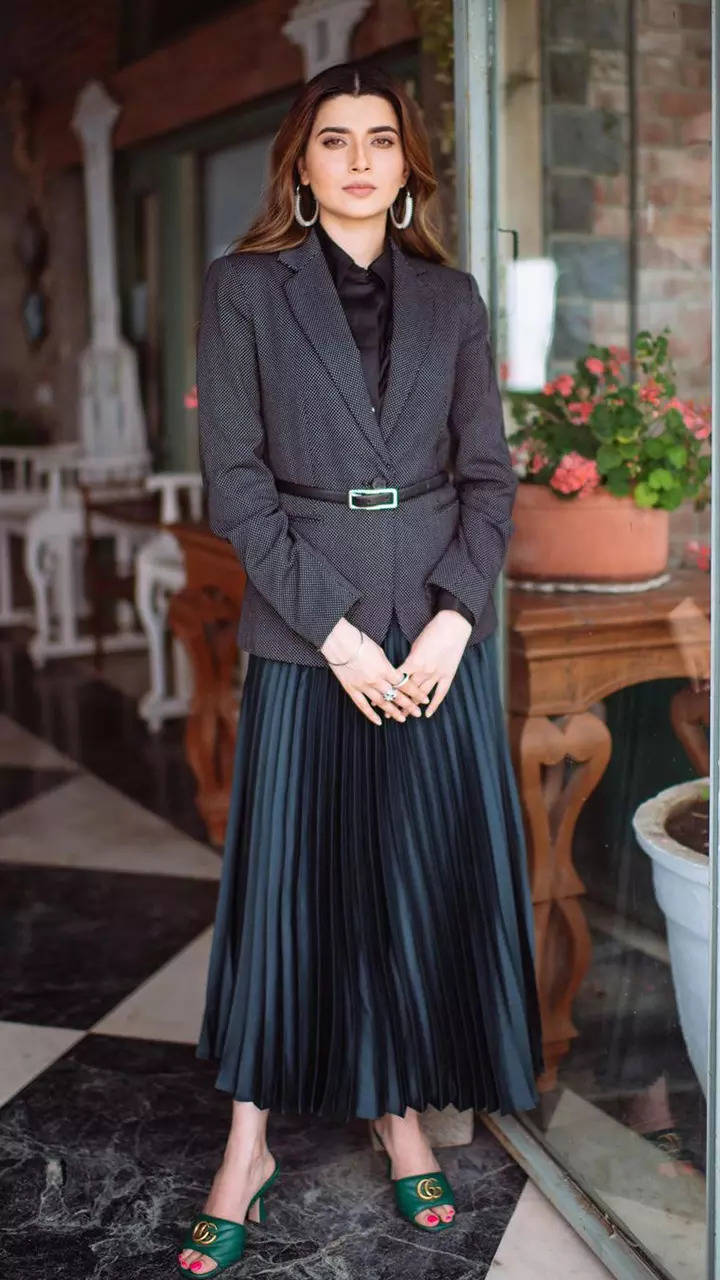 Nimrat Khaira's all-black look with pleated skirt and blazer sets