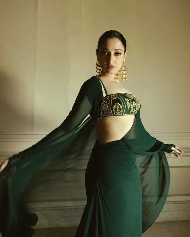 Tamannaah Bhatia exudes chic style energy in an electrifying green pre-draped saree, see pictures