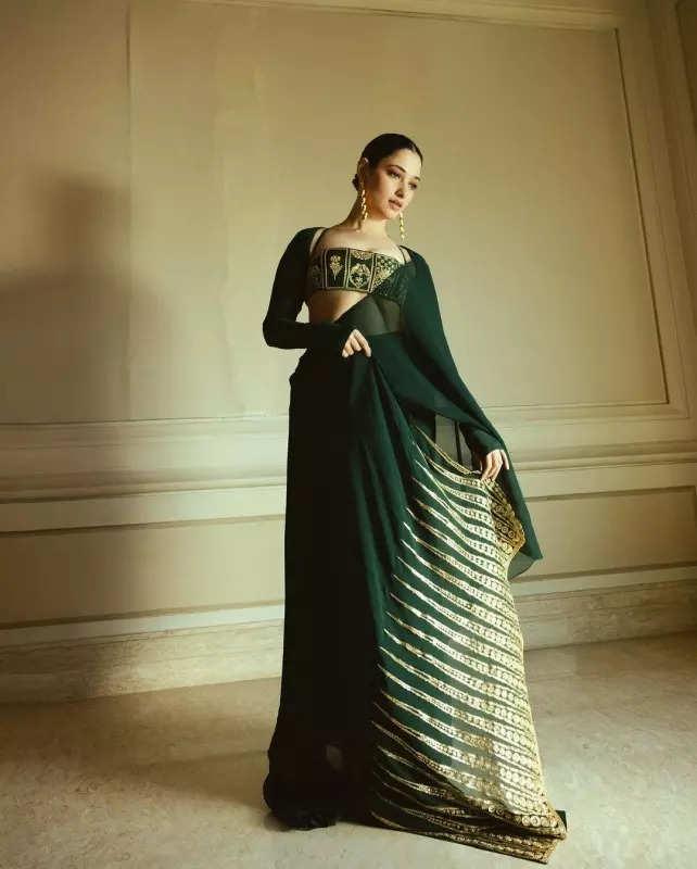 Tamannaah Bhatia exudes chic style energy in an electrifying green pre-draped saree, see pictures