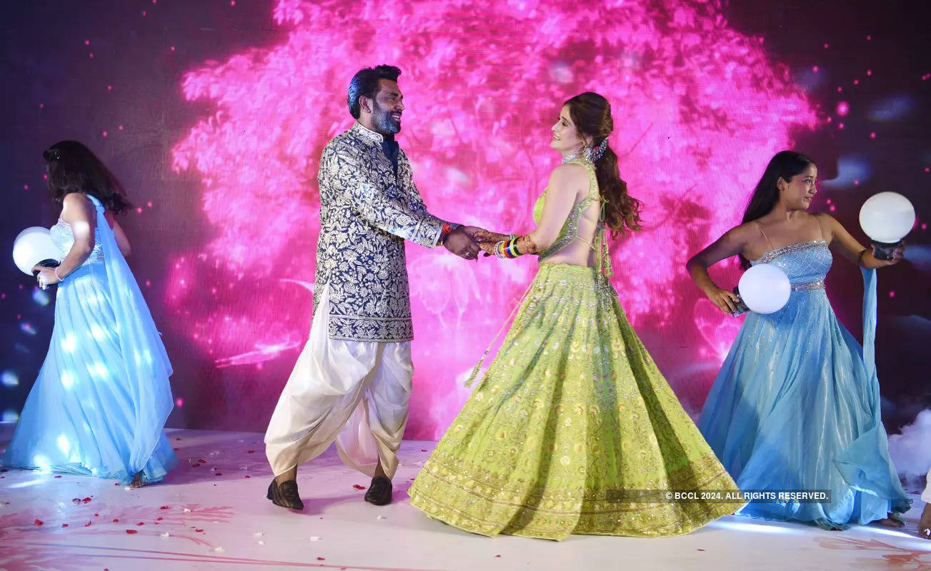 From stunning dance performances to TV stars arriving in style, inside pictures from Arti Singh and Dipak Chauhan’s sangeet ceremony