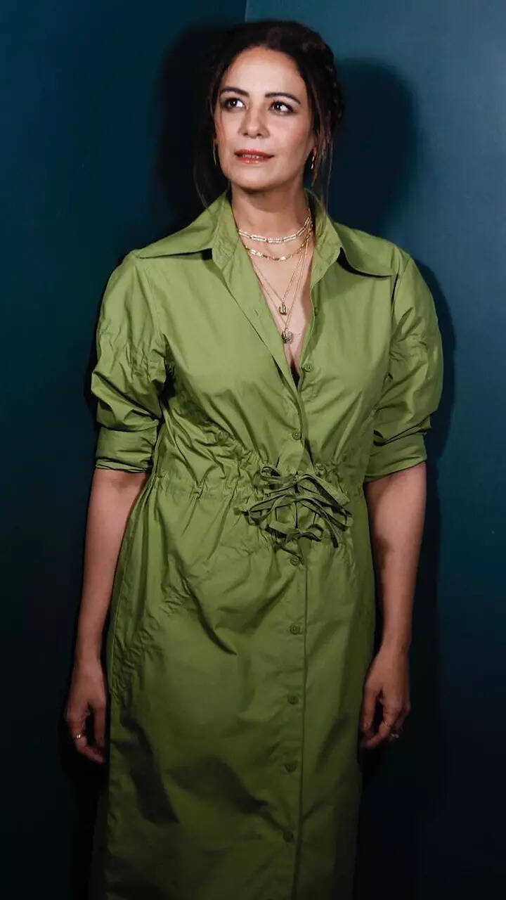 mona singh dress designer Bollywood Celebrity Style | Mona Singh at The Ba***ds of Bollywood preview event. She's wearing @studio_surbhi Panna plunge kaftan gown with palladio bralette