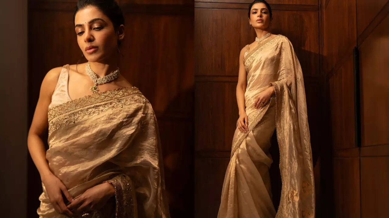 Samantha Ruth Prabhu stuns in a regal golden saree radiating grace and  luxury
