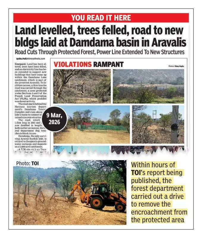 After TOI report, earthmovers dismantle illegal fencing, clear debris inside protected Damdama Lake catchment