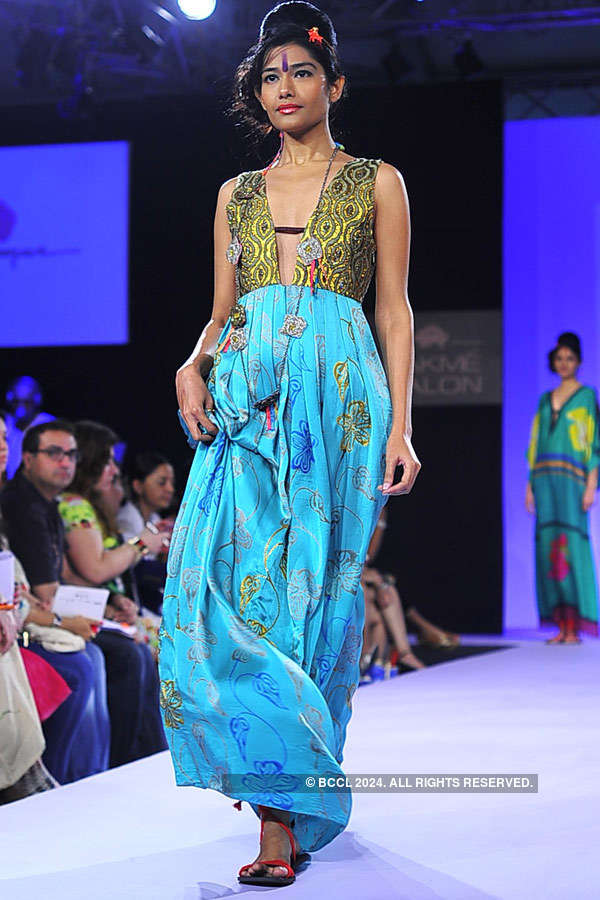 A model showcases a creation by fashion designer Anupama Dayal on Day 2 ...