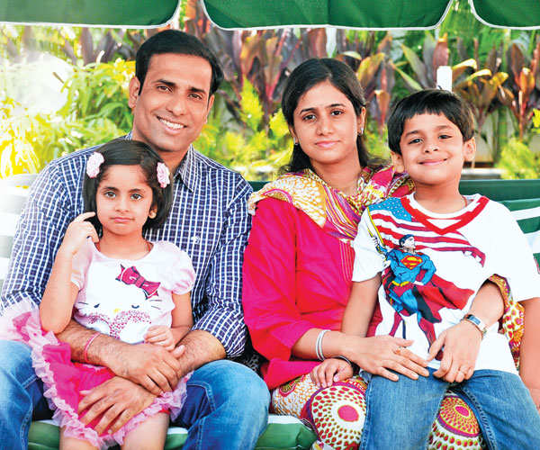 Cricketer VVS Laxman with wife Sailaja, daughter Achinta and son Sarvajit.