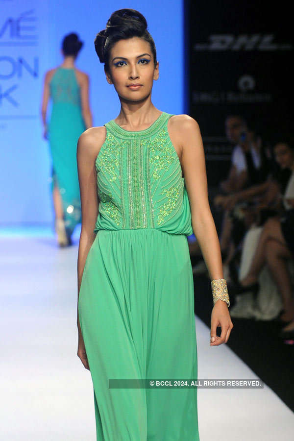 A model walks the ramp for designer Ranna Gill on Day 2 of the Lakme ...