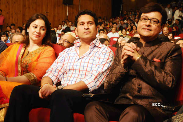 Anjali and Sachin Tendulkar with Sachin Pilgaonkar at the launch of the ...