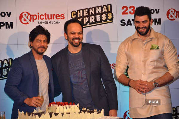 Shah Rukh Khan, Rohit Shetty and Nikitin Dheer are all smiles during the  success party of Chennai Express, held in Mumbai, on November 6, 2013.