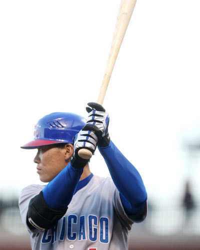 May 14, 2011; Chicago, IL, USA; Chicago Cubs right fielder Kosuke Fukudome  (1) at bat against the San Francisco Giants during the third inning at  Wrigley Field. San Francisco defeated Chicago 3-0