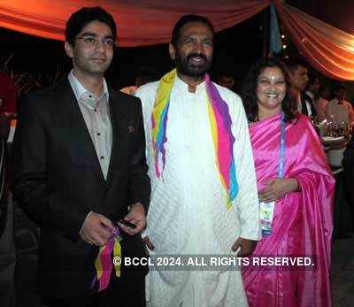 Gold Medalist Abhinav Bindra And Indian Olympic Associatoin President Suresh Kalmadi With Wife Meera Kalmadi At A Party Organised To Celebrate Commonwealth Youth Games 2008 At Blue Daimond In Pune Photogallery