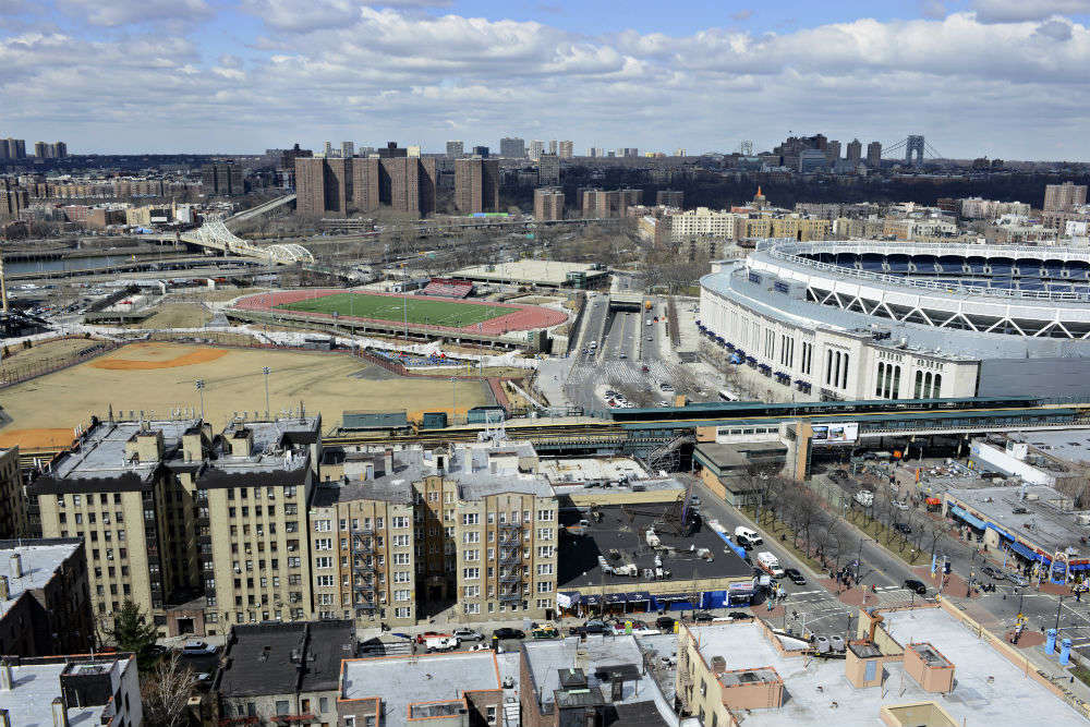 NEW YORK: YANKEE STADIUM. Aerial view of Yankee Stadium in