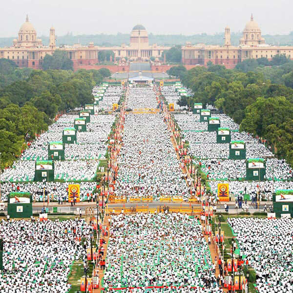 Thousands of participants perform Yoga
