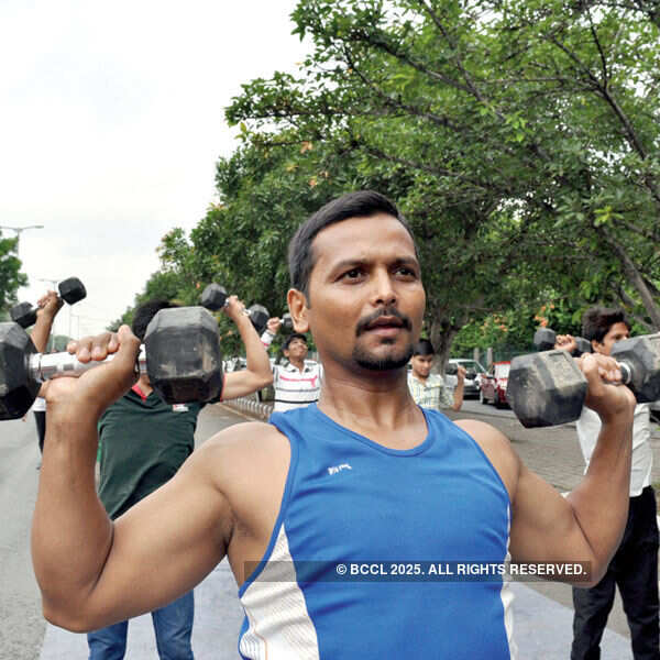 A participant works out during the Raahgiri Day
