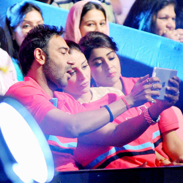 Bollywood actors Ajay Devgn, Tabu and Shriya Saran