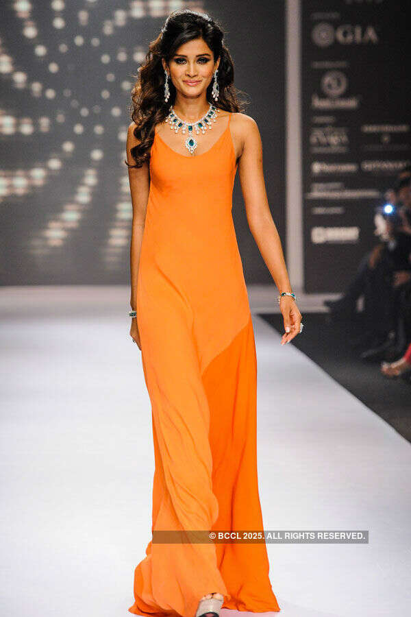 A model showcases a creation