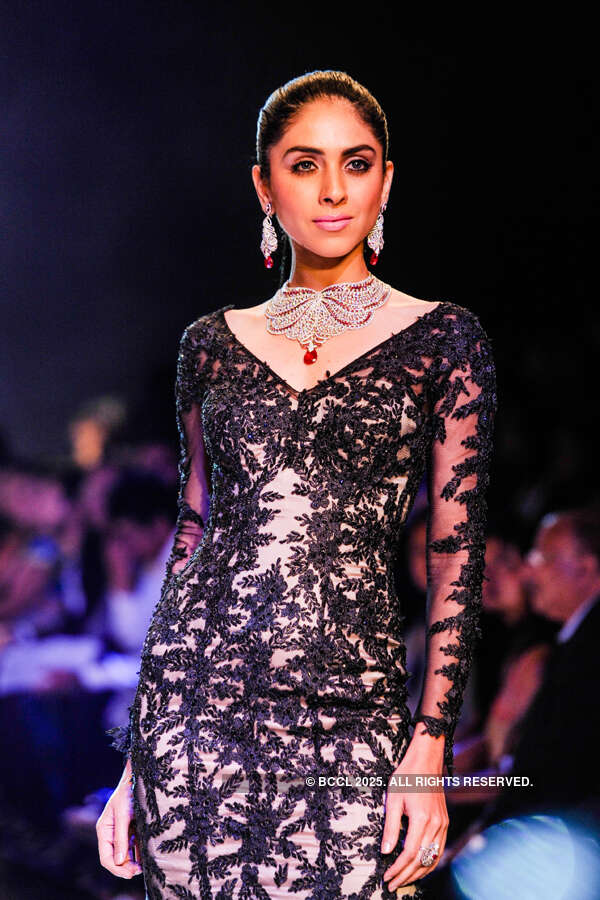 A model showcases a creation