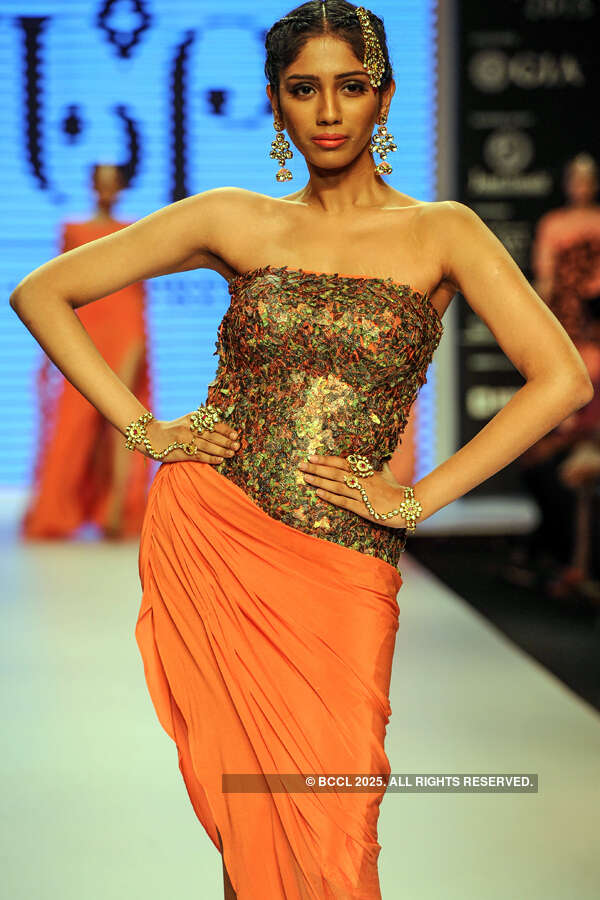 A model showcases a creation by Jewels by Preeti