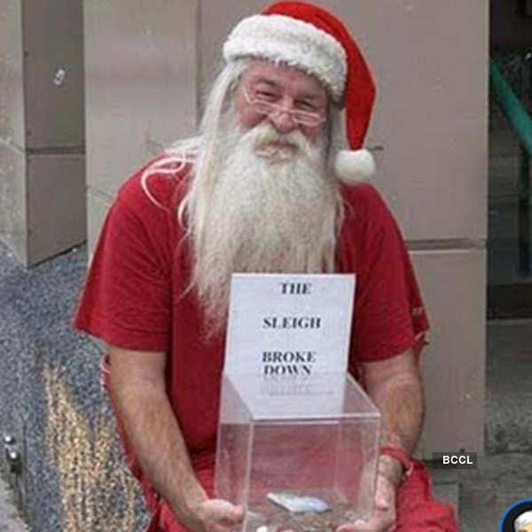 A beggar dons Santa outfit to impress people