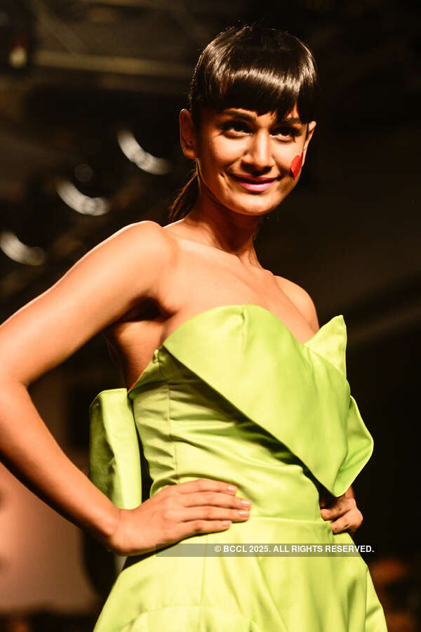 A model showcases a creation