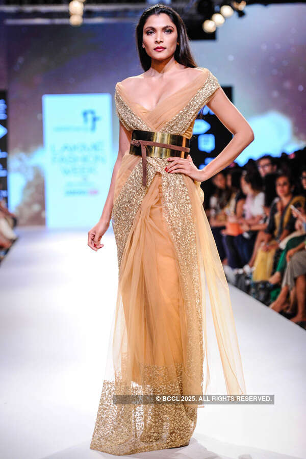 A model showcases a creation